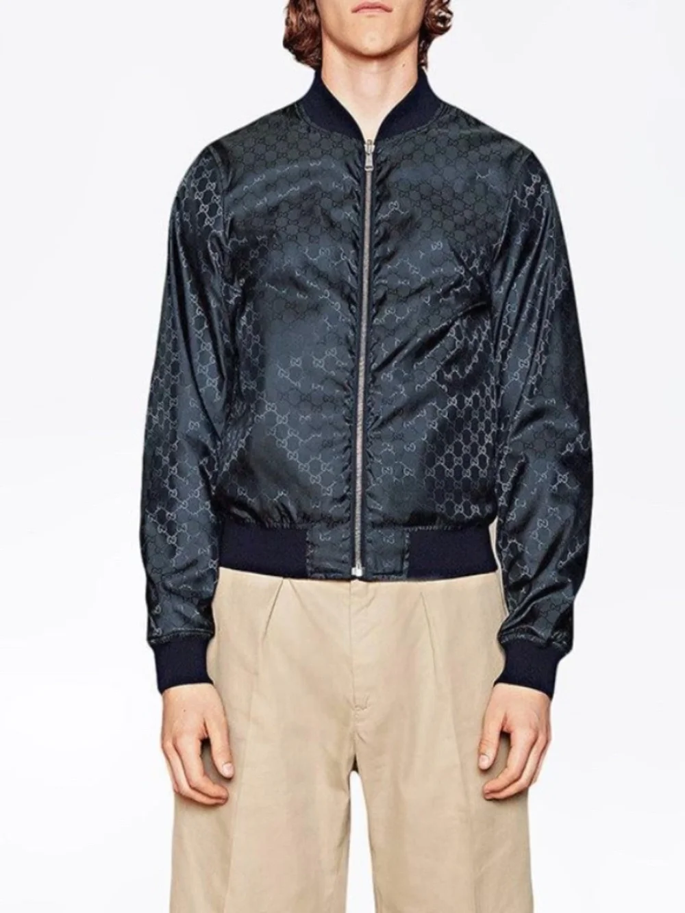 Authentic Gucci Reversible GG Monogram Nylon Bomber Jacket Navy Blue IT 50 LARGE